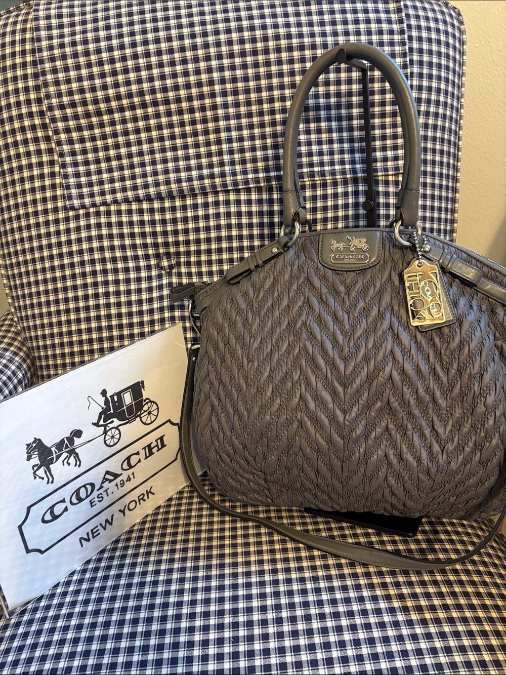 Coach Madison 70th anniversary Quilted Chevron Satchel Bag in grey